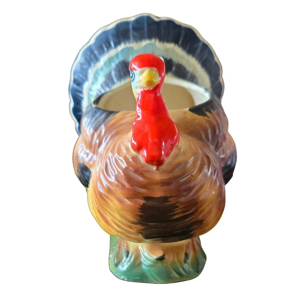Vintage Relpo Ceramic Turkey Planter Thanksgiving Decor Hand Painted Mid Century